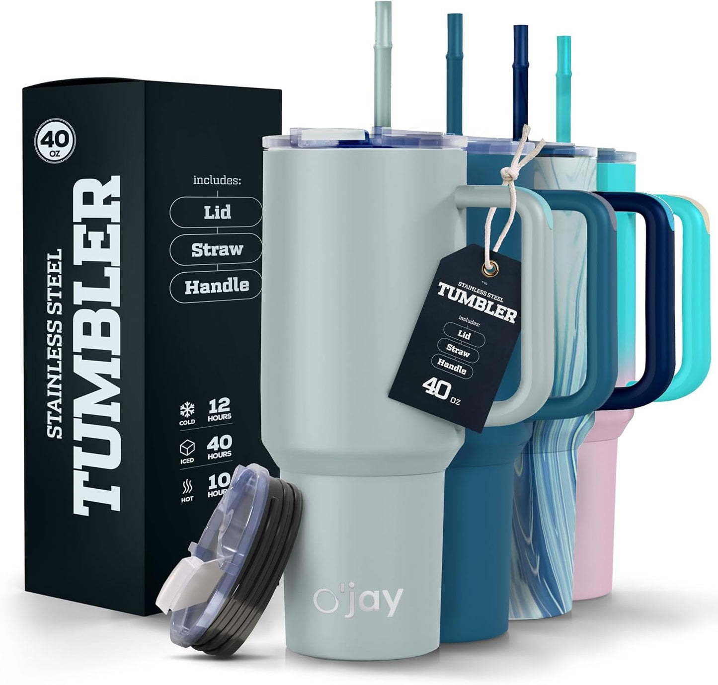 O'jay Vaso Aislado De Acero Inoxidable 50 Onzas Con Asa Y Tapa Con Popote