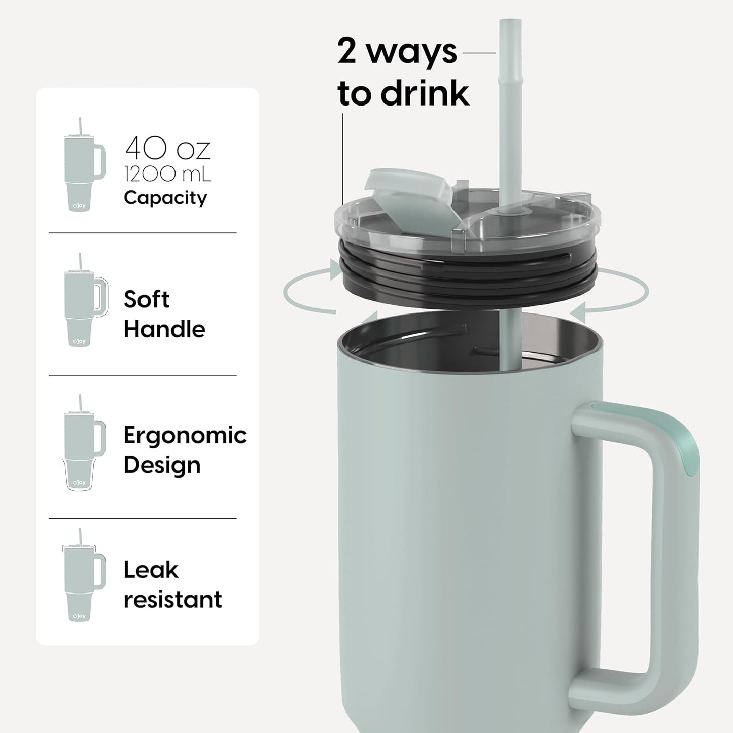 O'jay Vaso Aislado De Acero Inoxidable 50 Onzas Con Asa Y Tapa Con Popote