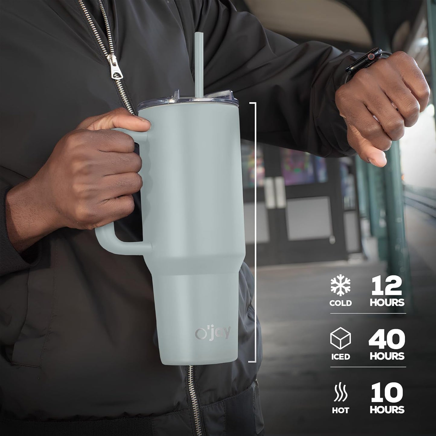 O'jay Vaso Aislado De Acero Inoxidable 50 Onzas Con Asa Y Tapa Con Popote