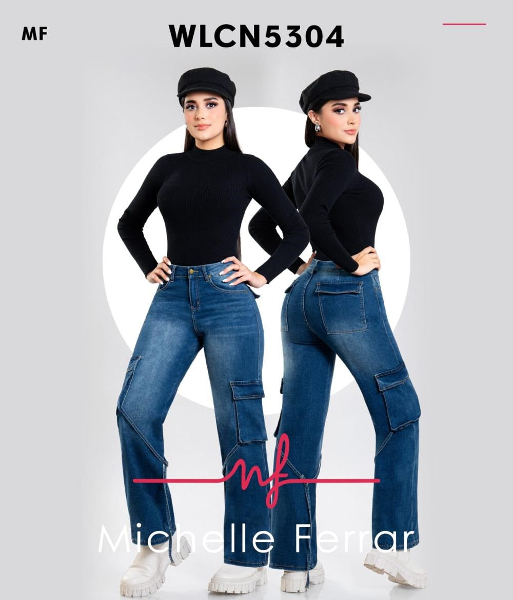 Pantalon Para Mujer De Cargo Marca Michelle Kosch Mezclilla WLCN5304 Azul