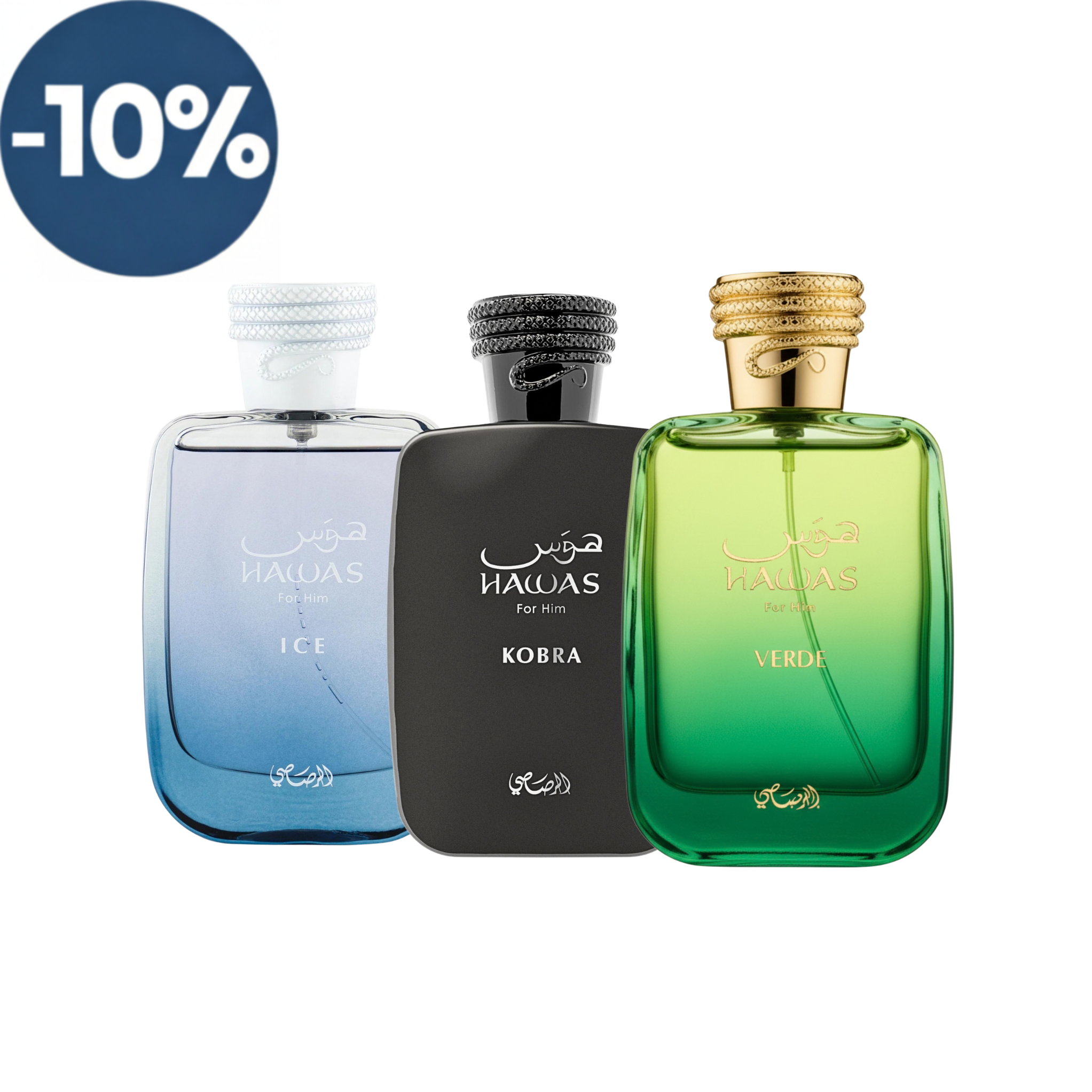 Paquete Rasasi Hawas Ice, Verde y Kobra de 100ML EDP
