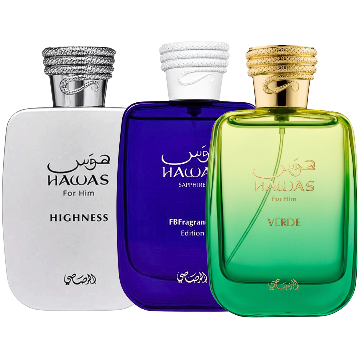 Trio Hawas Higness, Hawas Sapphire y Hawas Verde de 100 ml EDP