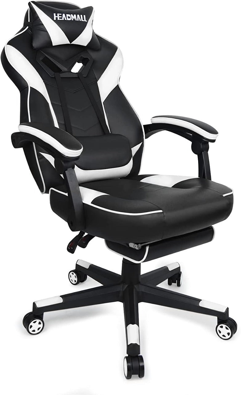 HEADMALL Silla para videojuegos con reposapies y soporte lumbar, diseño ergonómico.