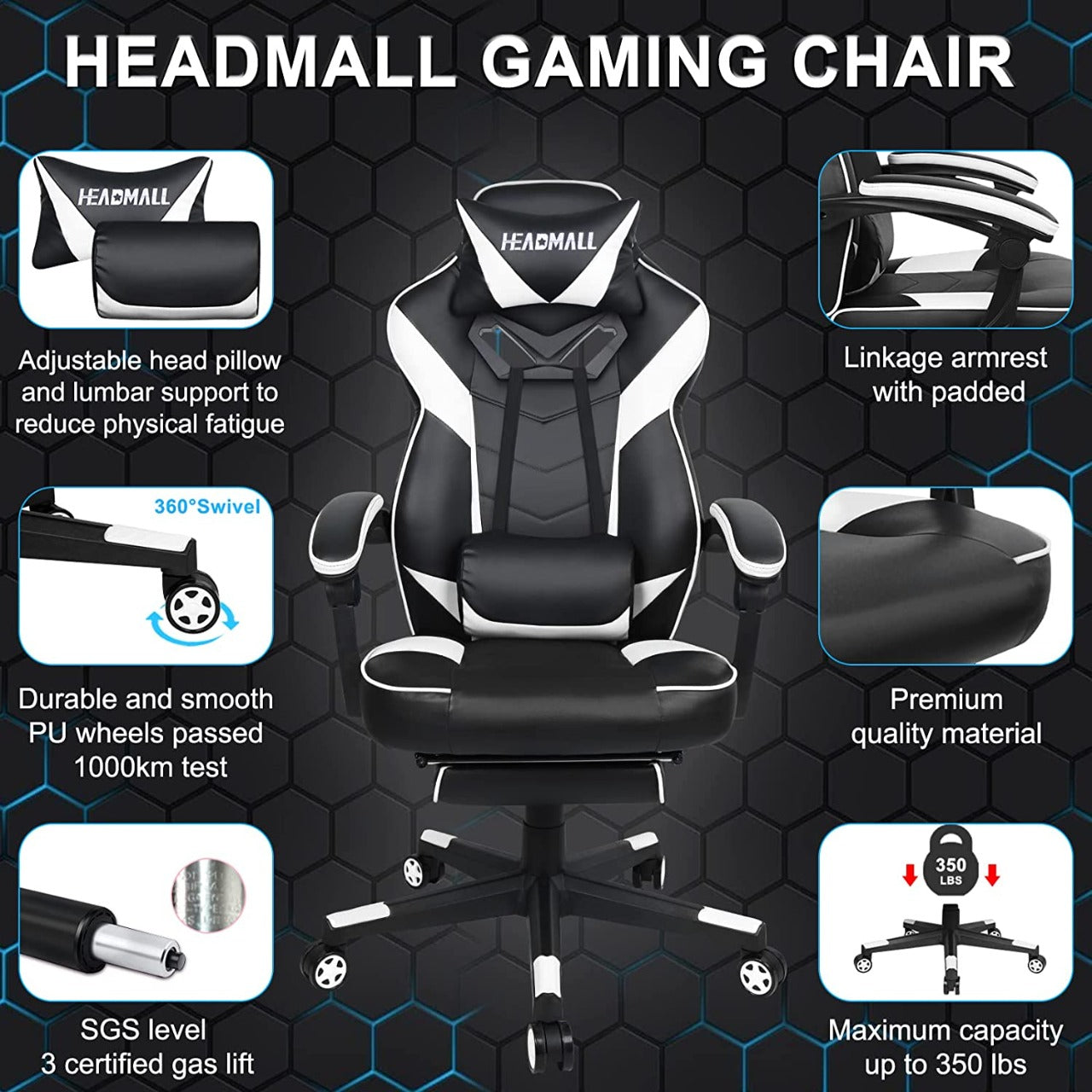 HEADMALL Silla para videojuegos con reposapies y soporte lumbar, diseño ergonómico.