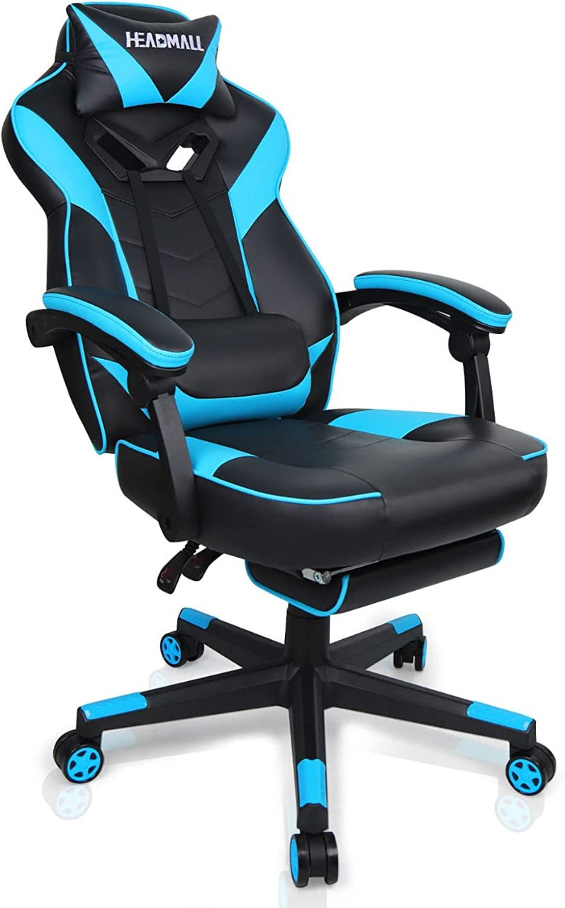 HEADMALL Silla para videojuegos con reposapies y soporte lumbar, diseño ergonómico.