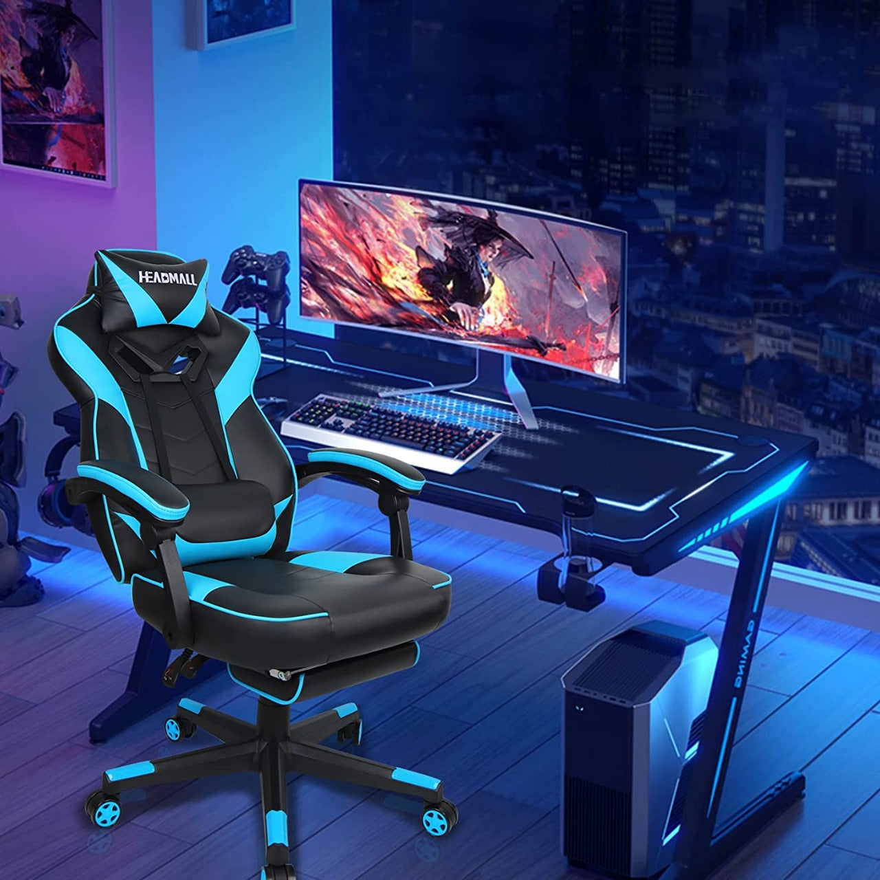 HEADMALL Silla para videojuegos con reposapies y soporte lumbar, diseño ergonómico.