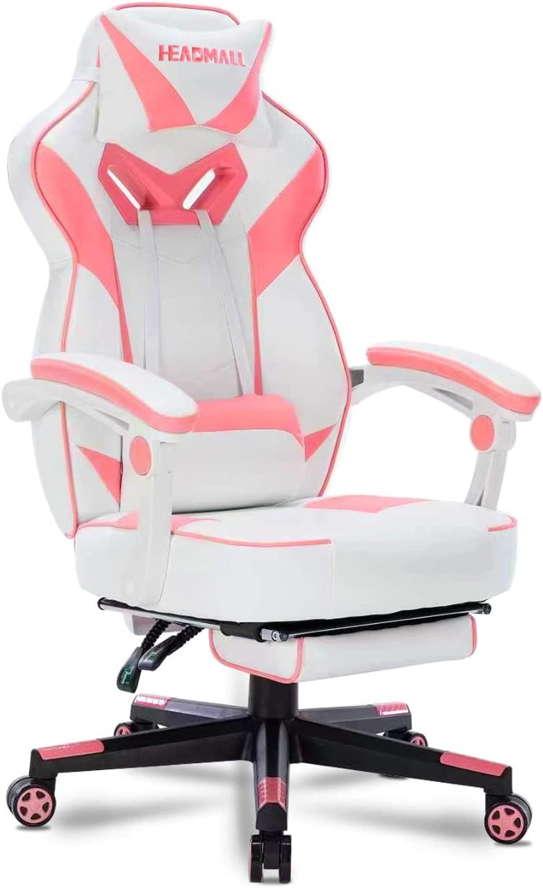 HEADMALL Silla para videojuegos con reposapies y soporte lumbar, diseño ergonómico.