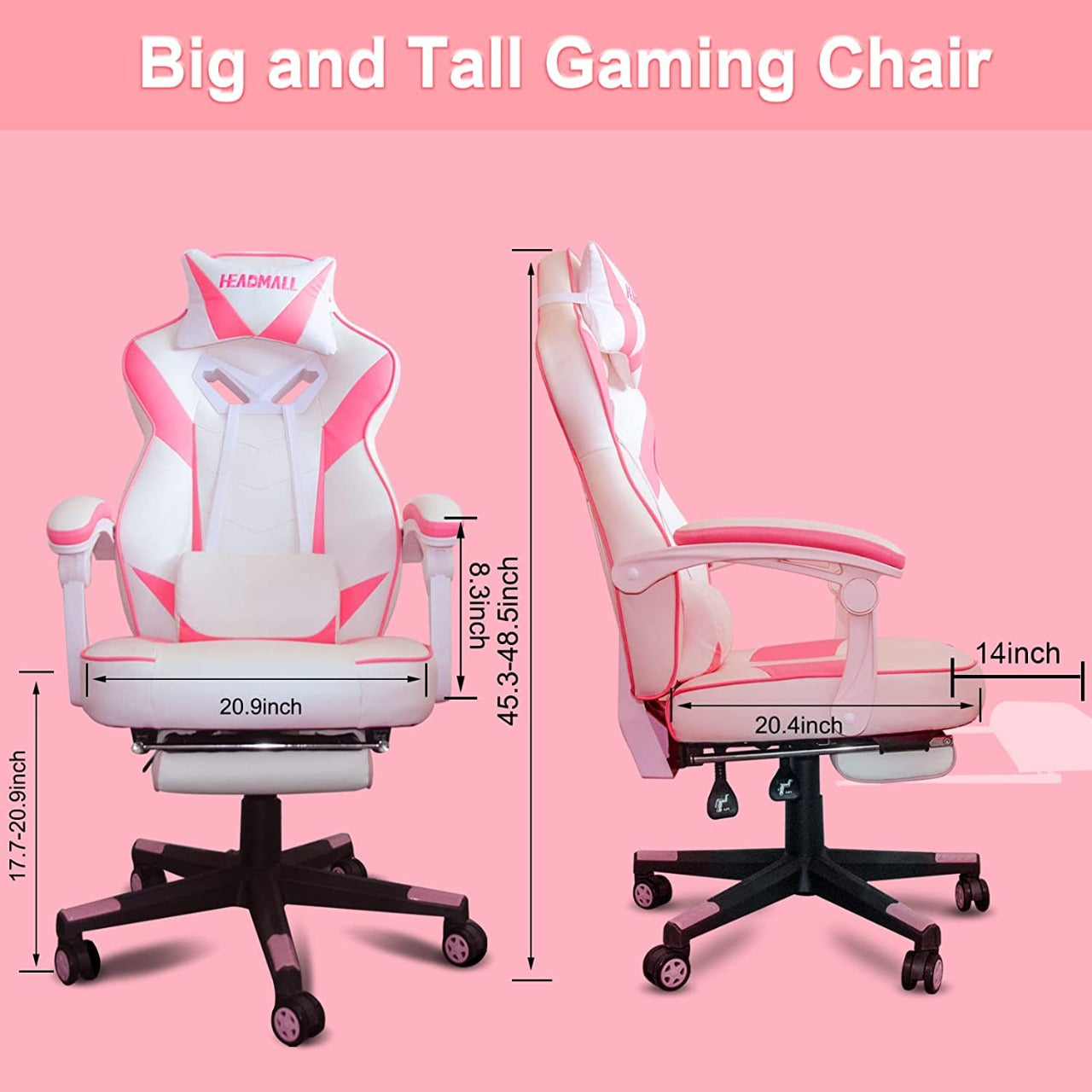 HEADMALL Silla para videojuegos con reposapies y soporte lumbar, diseño ergonómico.